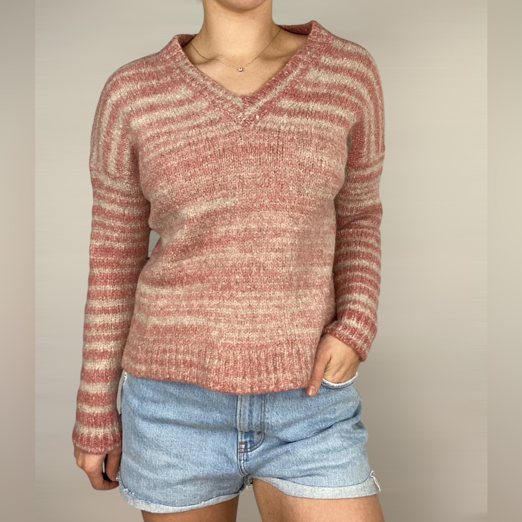 6397 Alpaca Wool Stripe V Neck Long Sleeve Winter Fall Dusty Pink Thick Warm